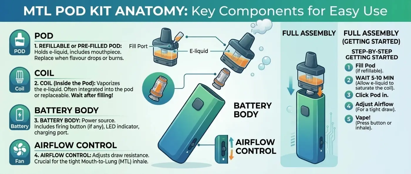 labelled MTL pod kit diagram (battery, pod, coil, airflow)