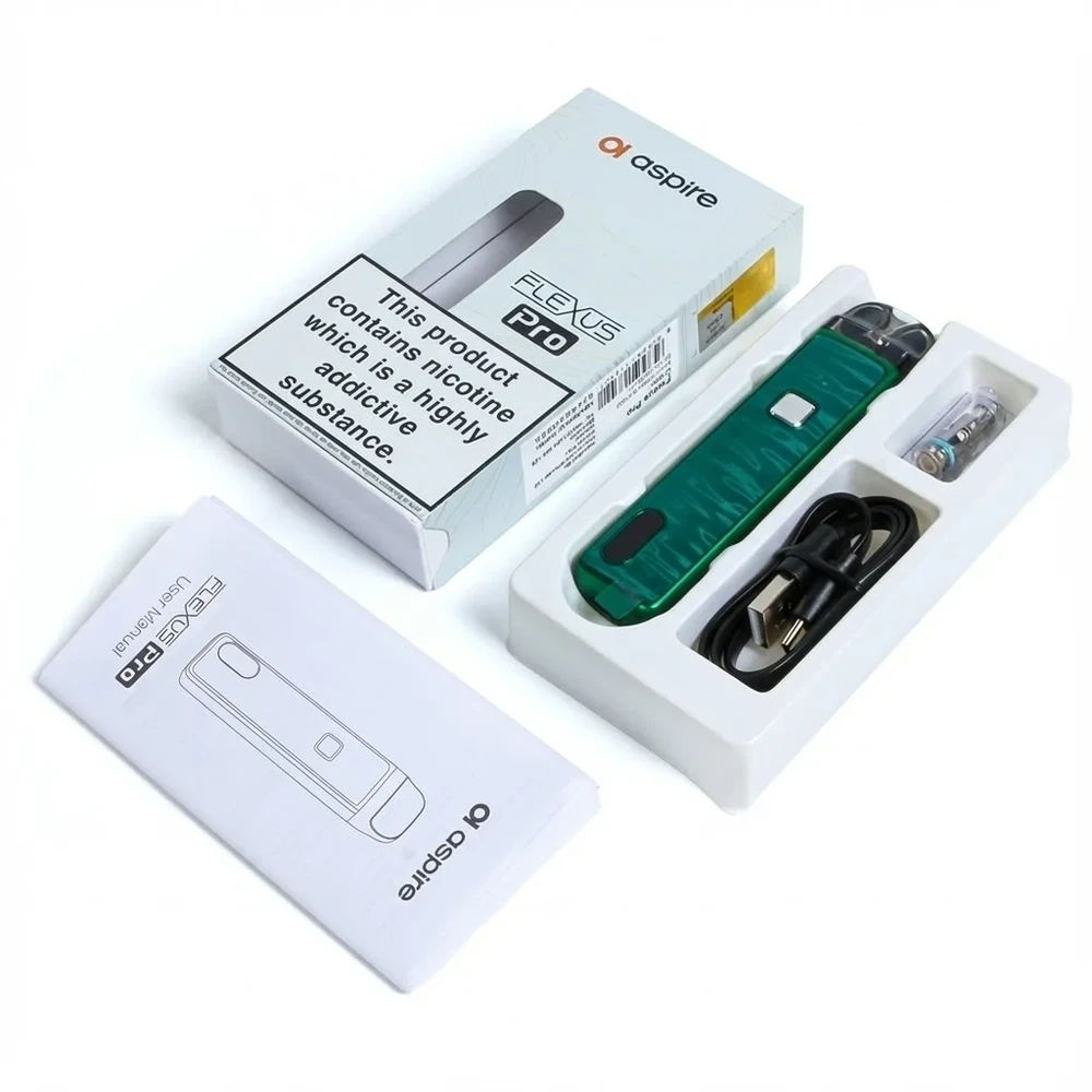 Contains: Aspire Flexus Pro Vape Device, Aspire Flexus Pro Refillable Pod, 0.6 Ohm Aspire AF Mesh Coil, 1.0 Ohm Aspire AF Mesh Coil, USB-C Charging Cable, User Manual
