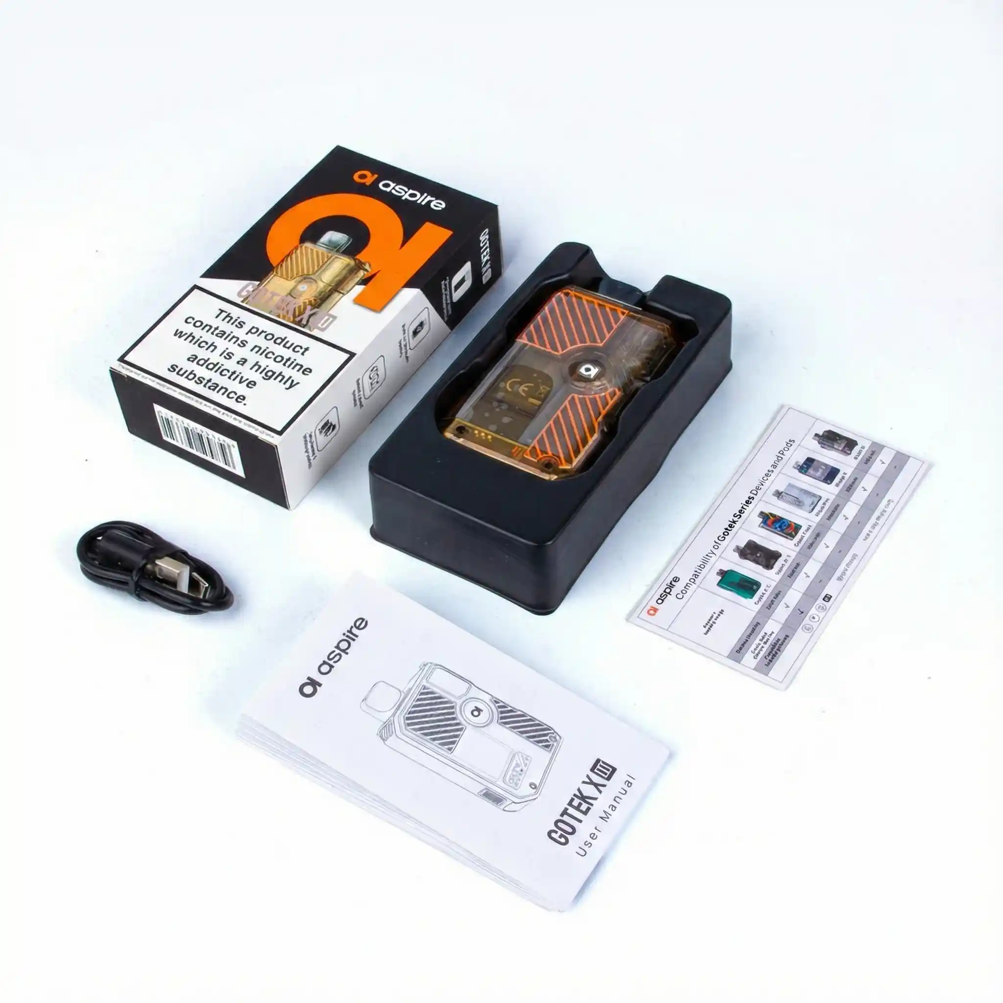Contains: Aspire Gotek X3 Device 0.6 Ohm Aspire Gotek Replacement Pod USB-C Cable Compatibility Card User Manual