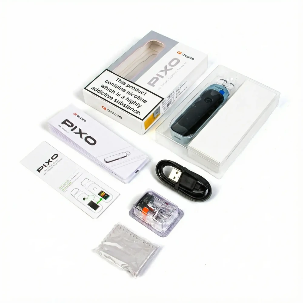 Contains: Aspire Pixo Device, 0.4 Ohm Aspire Pod, 1.0 Ohm Aspire Pod, Microfibre Cloth, USB-C Charging Cable, User Manual