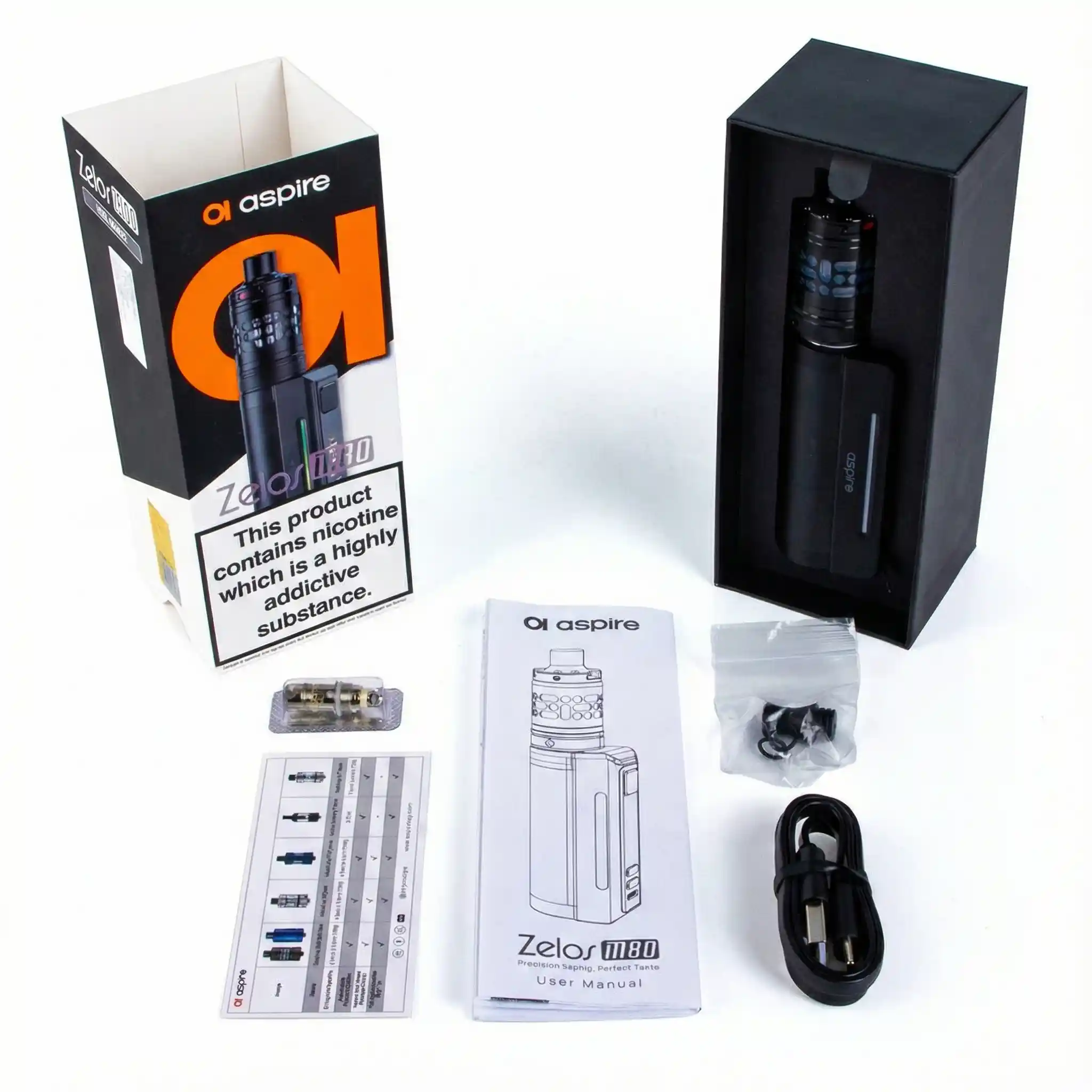 Contains: Aspire Zelos M80 Mod Nautilus 3SR Tank 1 x 0.3 Ohm Nautilus Coil 1 x 1.8 Ohm BVC Coil Spare Drip Tip O-rings Pack USB-C Cable User Manual