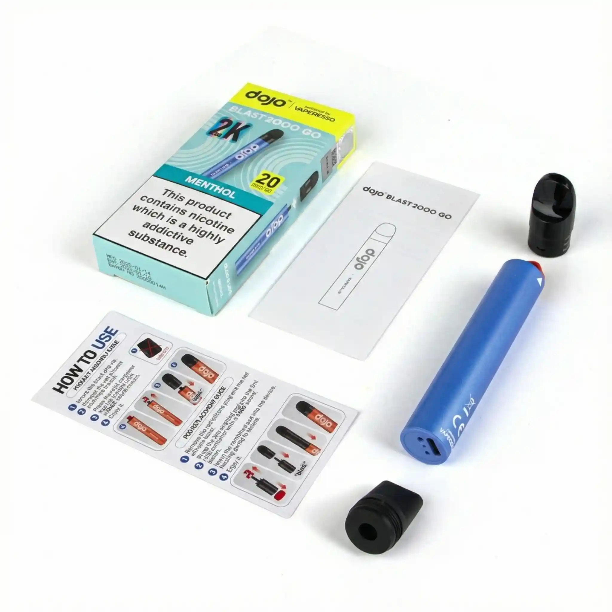 Contains: Dojo Blast 2000 Go Device 2ml Prefilled Pod 2ml Refill Container User Manual