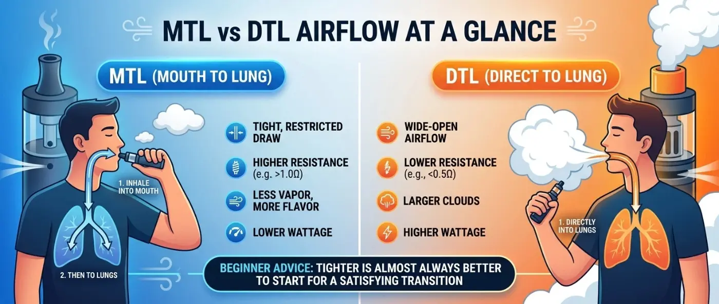 MTL vs DTL airflow diagram showing tight versus open draw