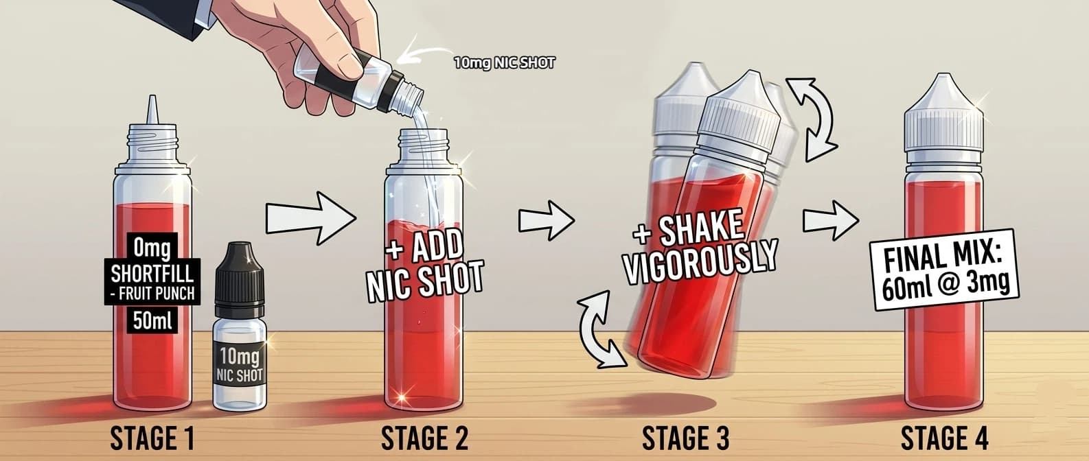 Shortfill and nic shot mixing process