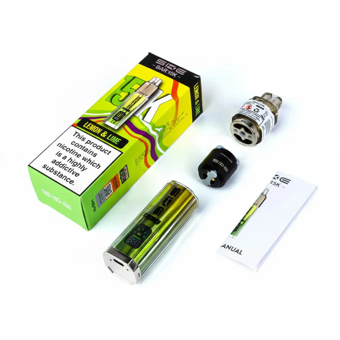 Contains: SKE Bar 15K Device SKE Bar 15K 2ml Prefilled Pod SKE Bar 15K 10ml Refill Container User Manual