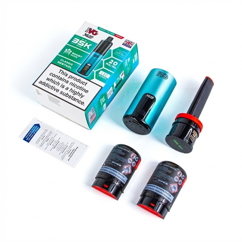 Contains: IVG XL35 Device, 1 x 2ml Prefilled Pod, 2 x 10ml Refill Containers, User Manual,