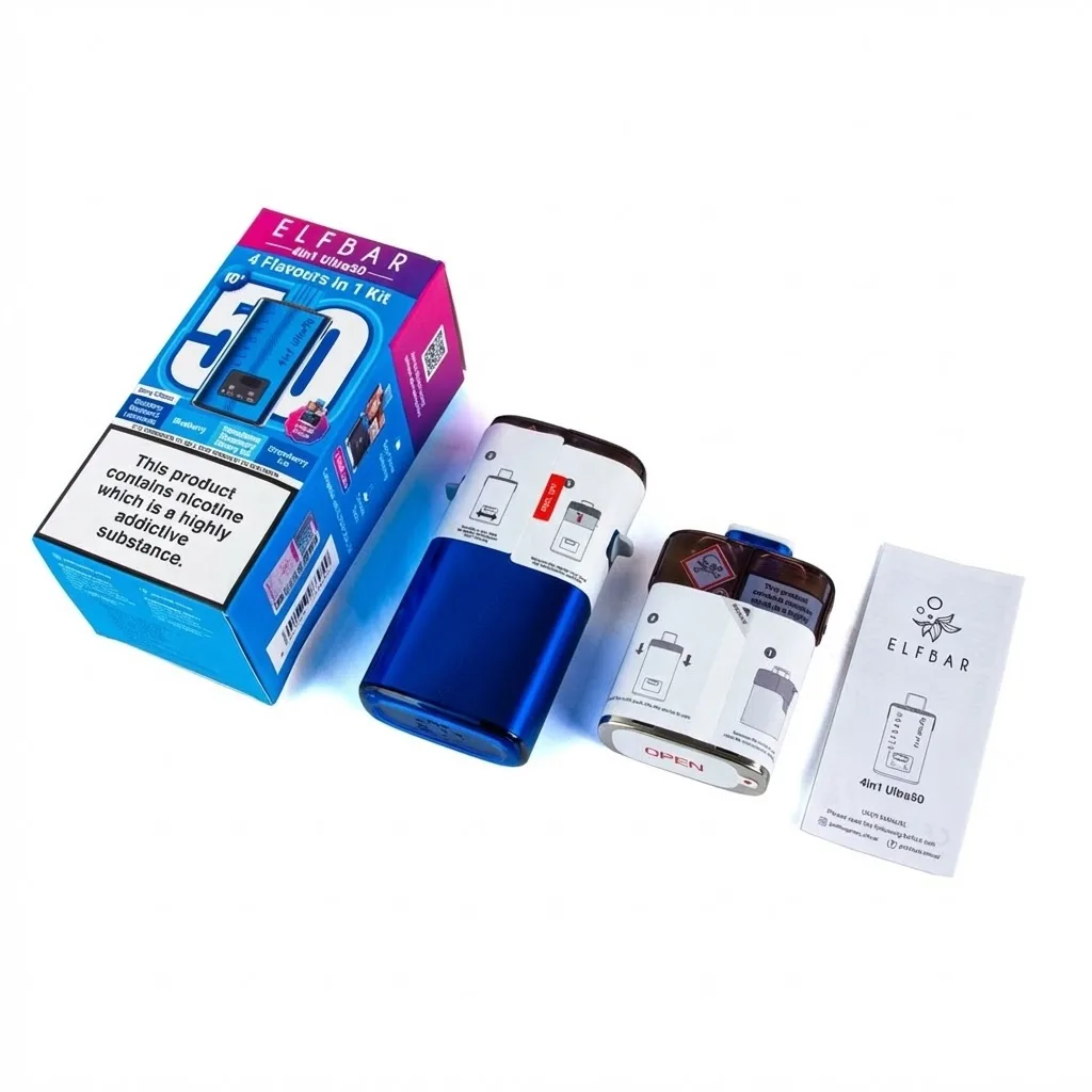 Contains: Elf Bar 4in1 Ultra 50 Device 4 x 1ml Elf Bar 4in1 Ultra 50 Prefilled Pods 4 x 5ml Elf Bar 4in1 Ultra 50 Refill Containers User Manual