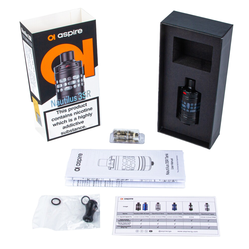 Contains: Aspire Nautilus 3SR Tank, 0.3 Ohm Aspire Nautilus 2S Coil, 1.8 Ohm Aspire Nautilus BVC Coil, Spare Drip Tip & O-Rings, User Manual 
