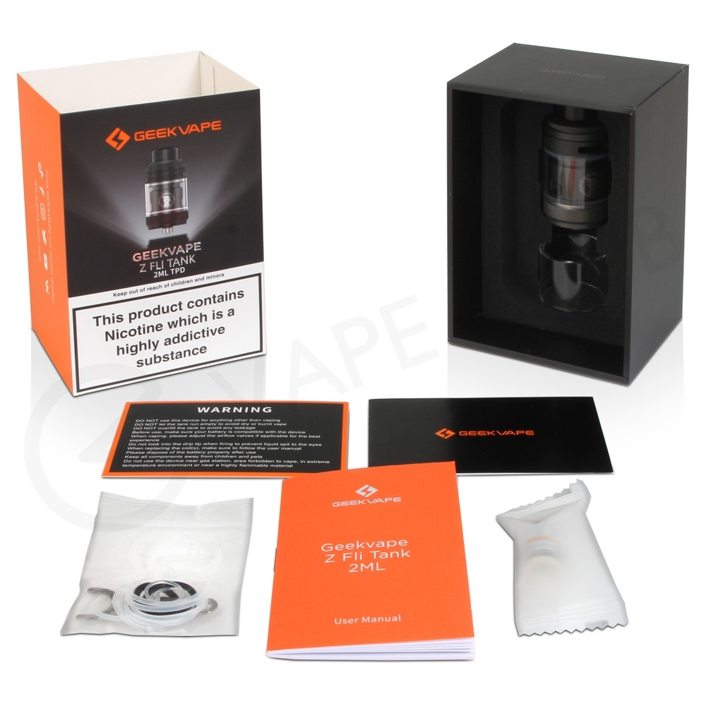 Contains: Geekvape Z Fli Tank, Spare Parts Pack, Spare 2ml Glass Tube,1 x Z0.15 XM Coil, 1 x Z0.4 XM Coil, Coil Tool 