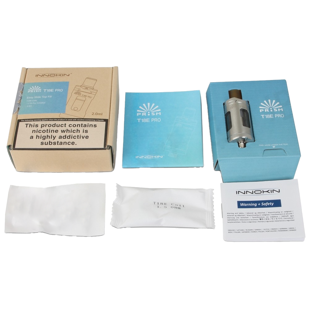 Contains: Innokin T18E Pro Vape Tank, 1 x T18E Pro 1.7 Ohm Coil (pre-installed), 1 x T18E 1.5 Ohm Coil Spare, Spares Bag 