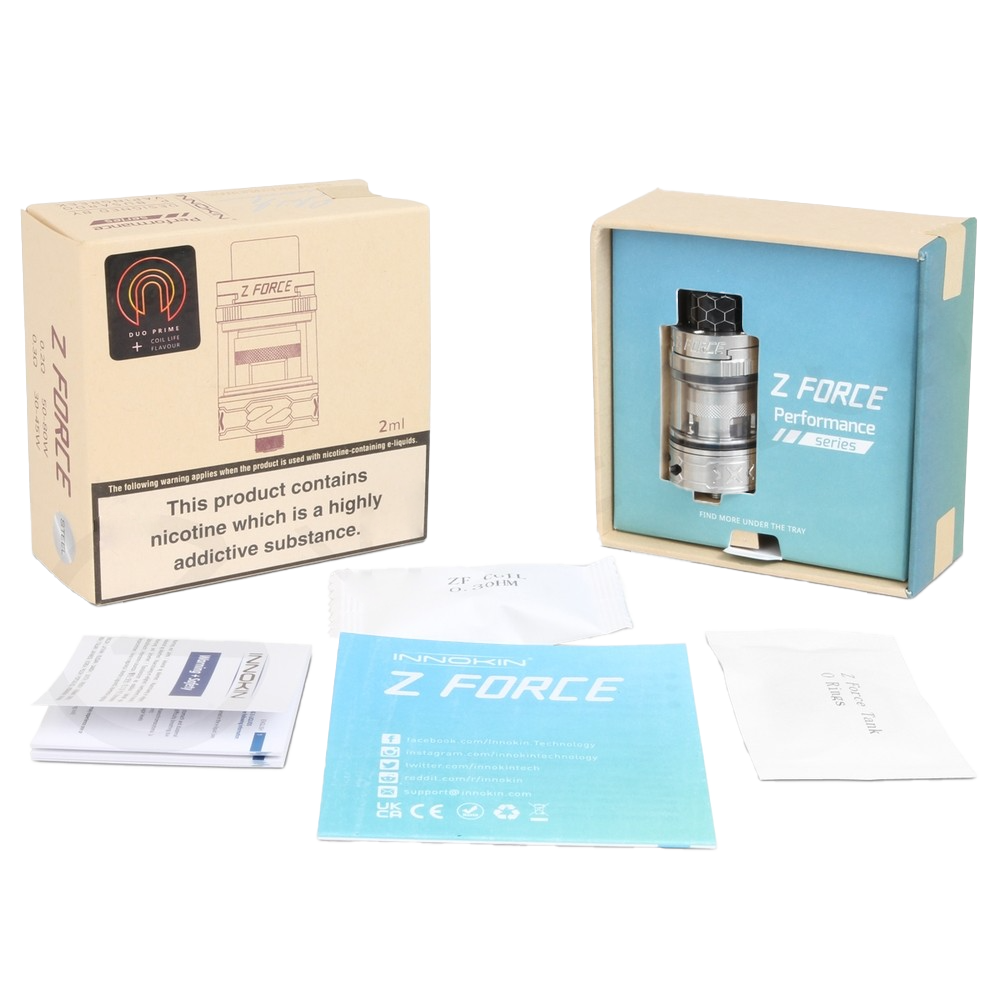 Contains:Innokin Z Force 2ml Sub Ohm Tank, 0.3 Ohm ZF Double Mesh Coil (30 - 45W), 0.2 Ohm ZF Double Mesh Coil (50 - 80W), User Manual 