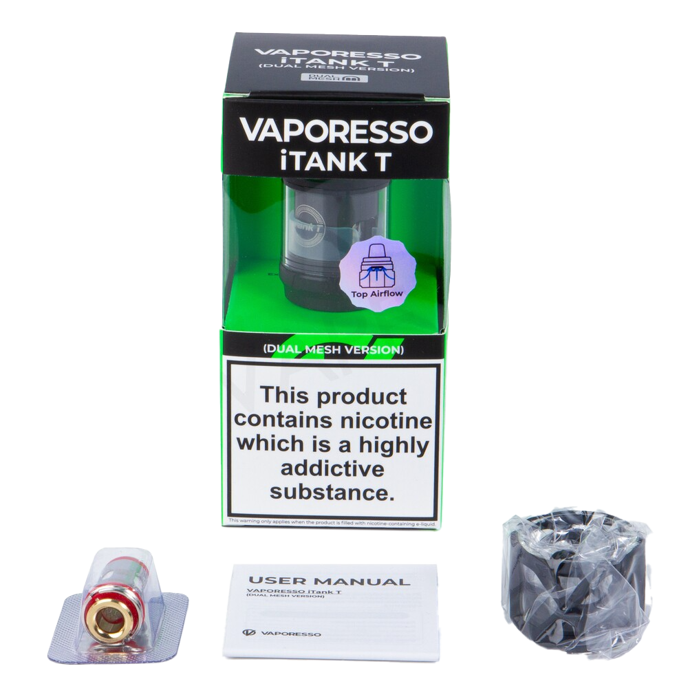 Vaporesso iTank T 0.2 Ohm Dual Mesh Coil (60W - 75W) 0.4 Ohm Dual Mesh Coil (50W - 60W) Spare Glass Tube 2 x Spare O-Rings 2 x Refilling Silicone Plug User Manual
