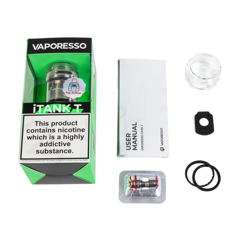 Contains: 2ml Vaporesso iTank T, GTi 0.2 Ohm Mesh Coil (60 - 75W), GTi 0.4 Ohm Mesh Coil (50 - 60W), Spare Glass Tube, 2 x Spare O-Rings, 2 x Refilling Silicone Plug, User Manual 