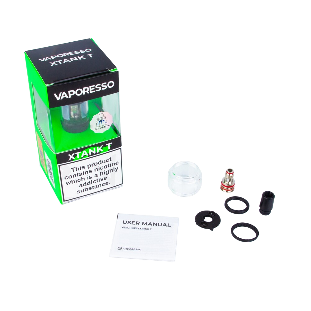 Contains: Vaporesso xTank T, 0.6 Ohm Vaporesso GTX Mesh Coil, 1.2 Ohm Vaporesso GTX Mesh Coil, Spare Accessories, User Manual 
