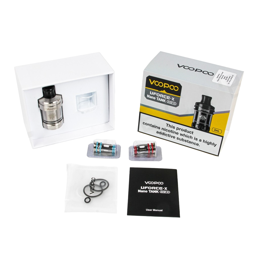Contains: Voopoo Uforce-X Nano Tank, PNP X 0.3 Ohm Mesh Coil, PNP X 0.6 Ohm Mesh Coil, Silicone Rubber Pack, Spare Glass Tube, User Manual 