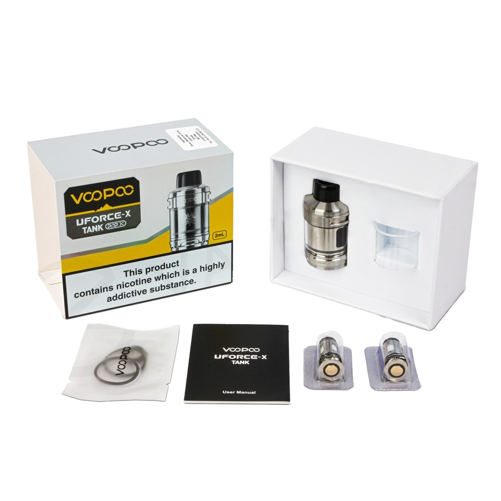 Contains: 2ml Voopoo Uforce-X Tank, PnP X 0.15 Ohm Mesh Coil, PnP X 0.3 Ohm Mesh Coil