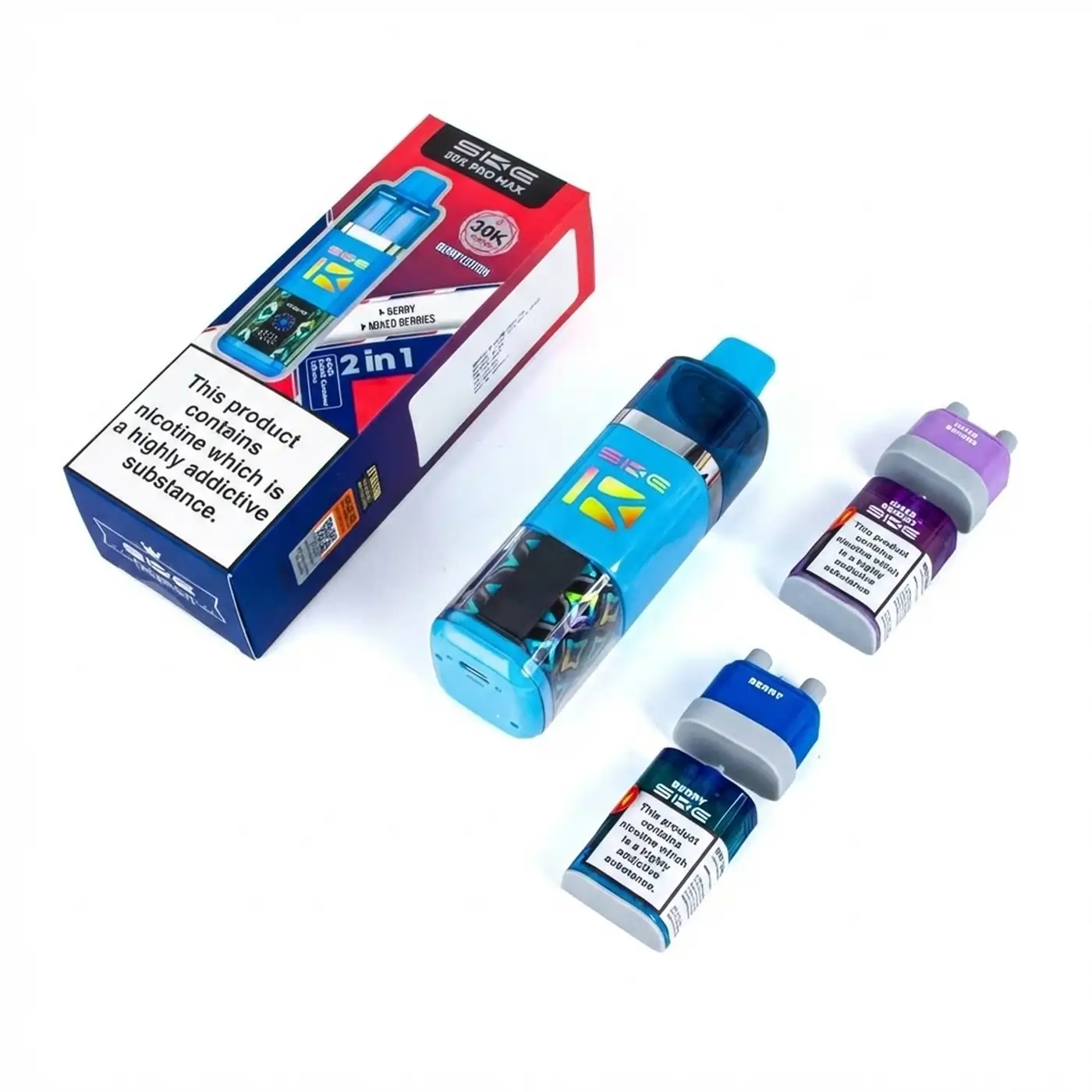 Contains: SKE 30K Pro Max Device 2 x 1.8ml SKE 30K Pro Max Prefilled Pods 2 x 8.2ml SKE 30K Pro Max Refill Containers User Manual