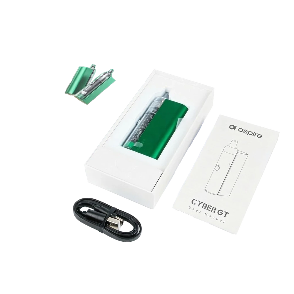 Contains: Aspire Cyber GT Device, 0.8 Ohm TG Replacement Pod, USB-C Cable, User Manual