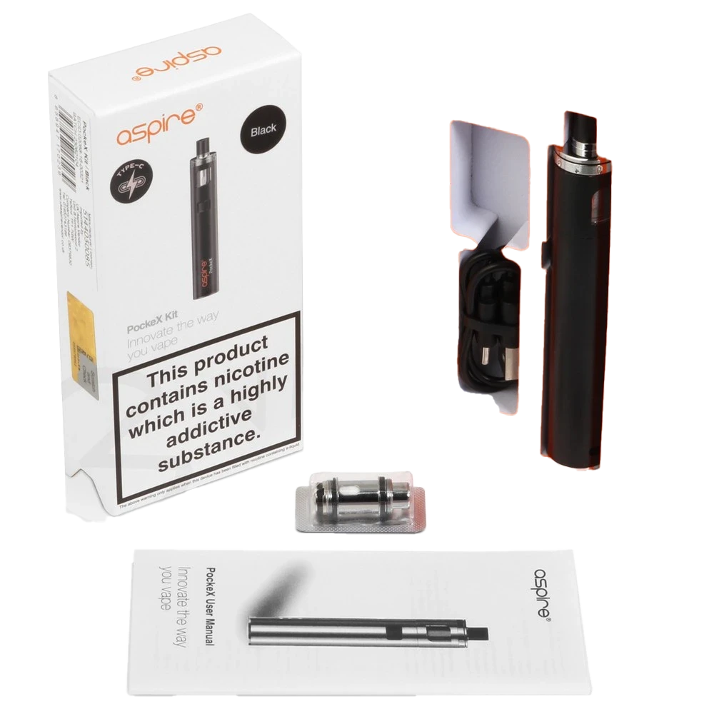 Contains: Aspire PockeX Starter Kit, 2x Aspire PockeX 0.6 Ohm Coil, USB-C Cable, User Manual, Warranty Manual