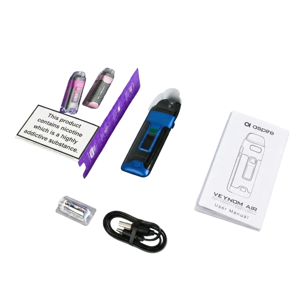 Contains: Veynom Air Device, Veynom Air Pod, 0.3 Ohm BP Mesh Coil, 0.17 Ohm BP Mesh Coil, USB-C Cable, User Manual