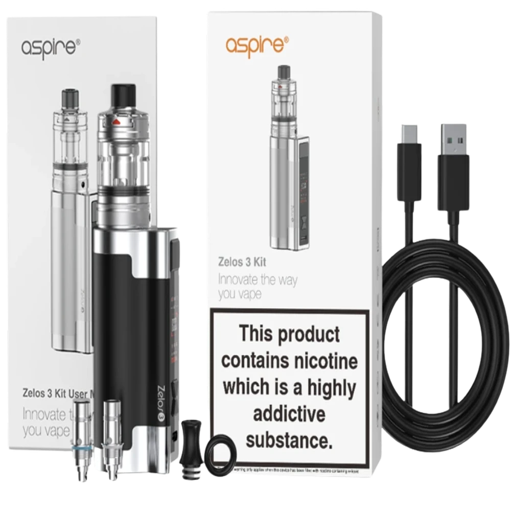 Contains: Zelos 3 Mod, Nautilus 3 Tank, BVC Coil, Mesh Coil, USB-C Cable, Drip Tip, User Manual