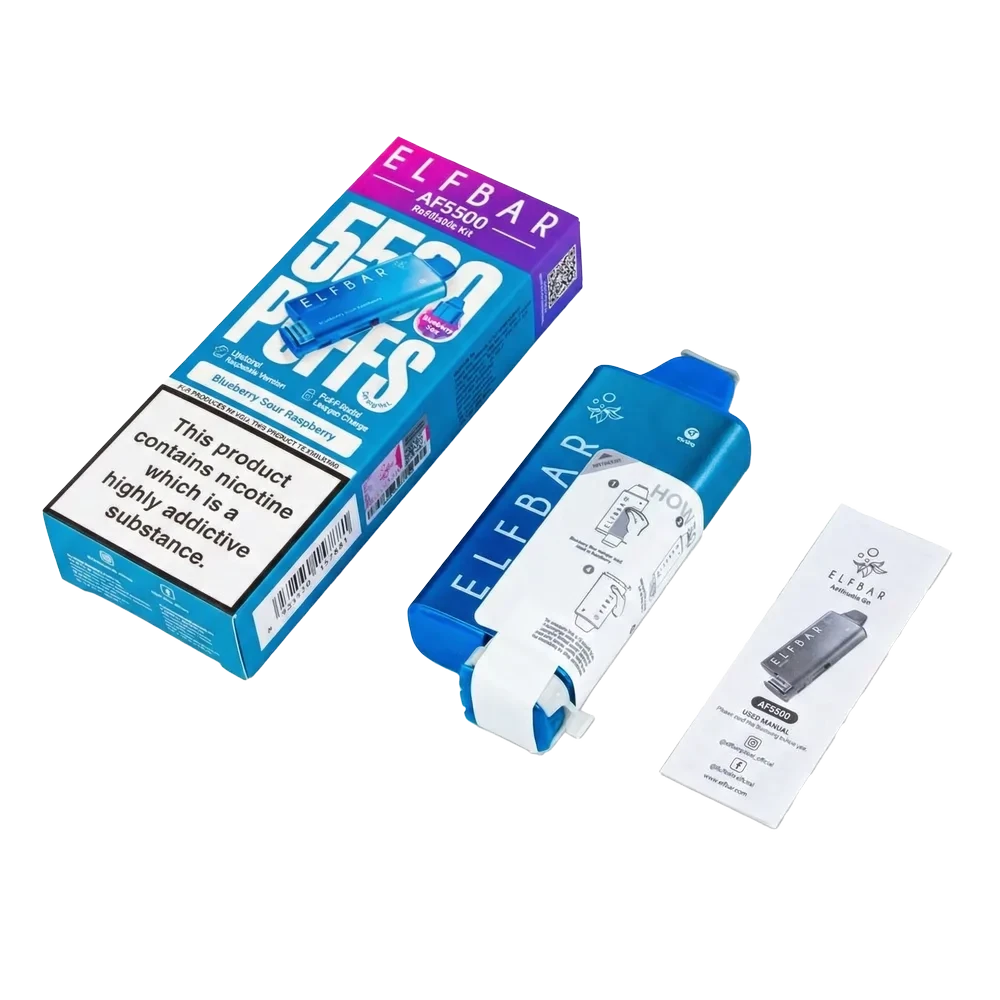Contains 1 x Elf Bar AF5500 Device 1 x AF5500 Refill Pack (2ml prefilled pod + 10ml e-liquid refill) 1 x User Manual