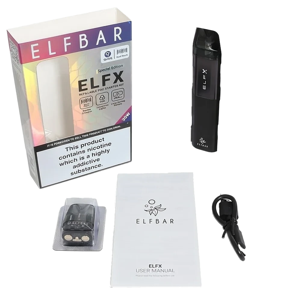 Contains 1 x Elf Bar ELFX Device 2 x 2ml Refillable Pods (0.6 Ohm and 0.8 Ohm) 1 x USB-C Cable 1 x User Manual