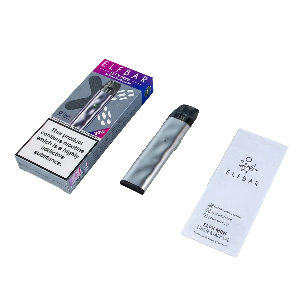 Contains 1 x Elf Bar Elfx Mini Device 1 x 2ml Elfx Pod (0.8ohm Dual Mesh) 1 x User Manual