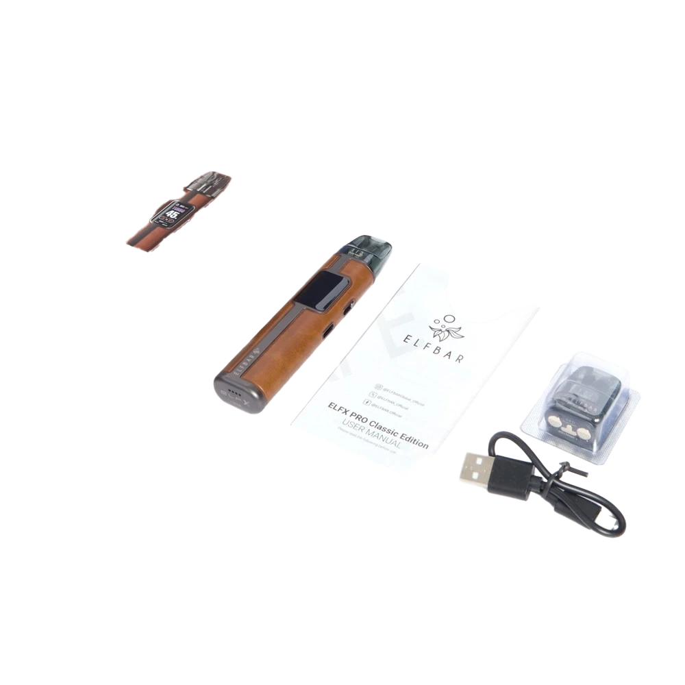 Contains 1 x Elf Bar Elfx Pro Device 2 x Elfx Pods (0.6ohm + 0.8ohm) 1 x USB-C Cable 1 x User Manual