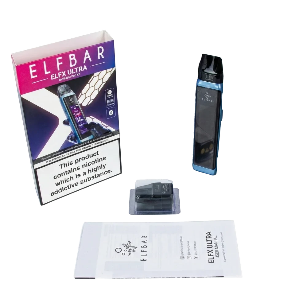 Contains 1 x Elf Bar Elfx Ultra Device 2 x ELFX Pods (0.6 ohm + 0.8 ohm) 1 x User Manual