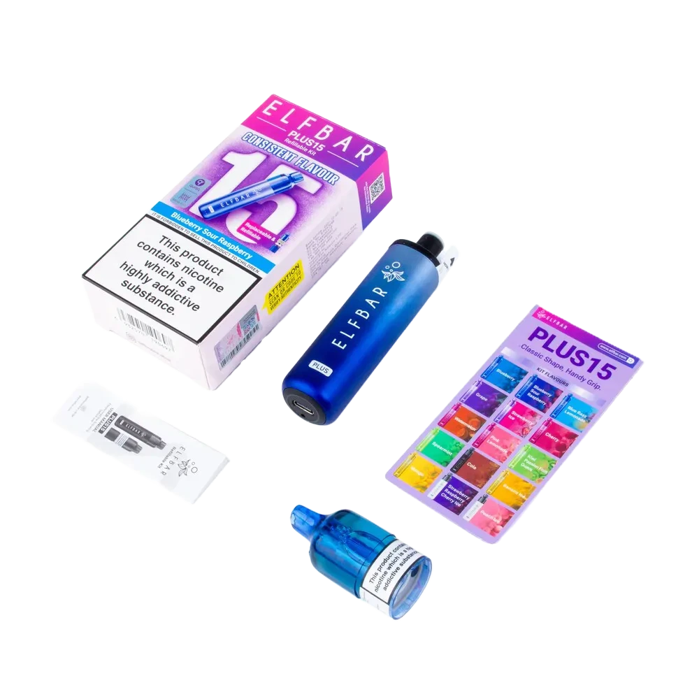 Contains 1 x Elf Bar Plus15 Device 1 x Prefilled Pod (2ml) + Refill Container (8ml) 1 x USB-C Cable 1 x Flavour Guide Card