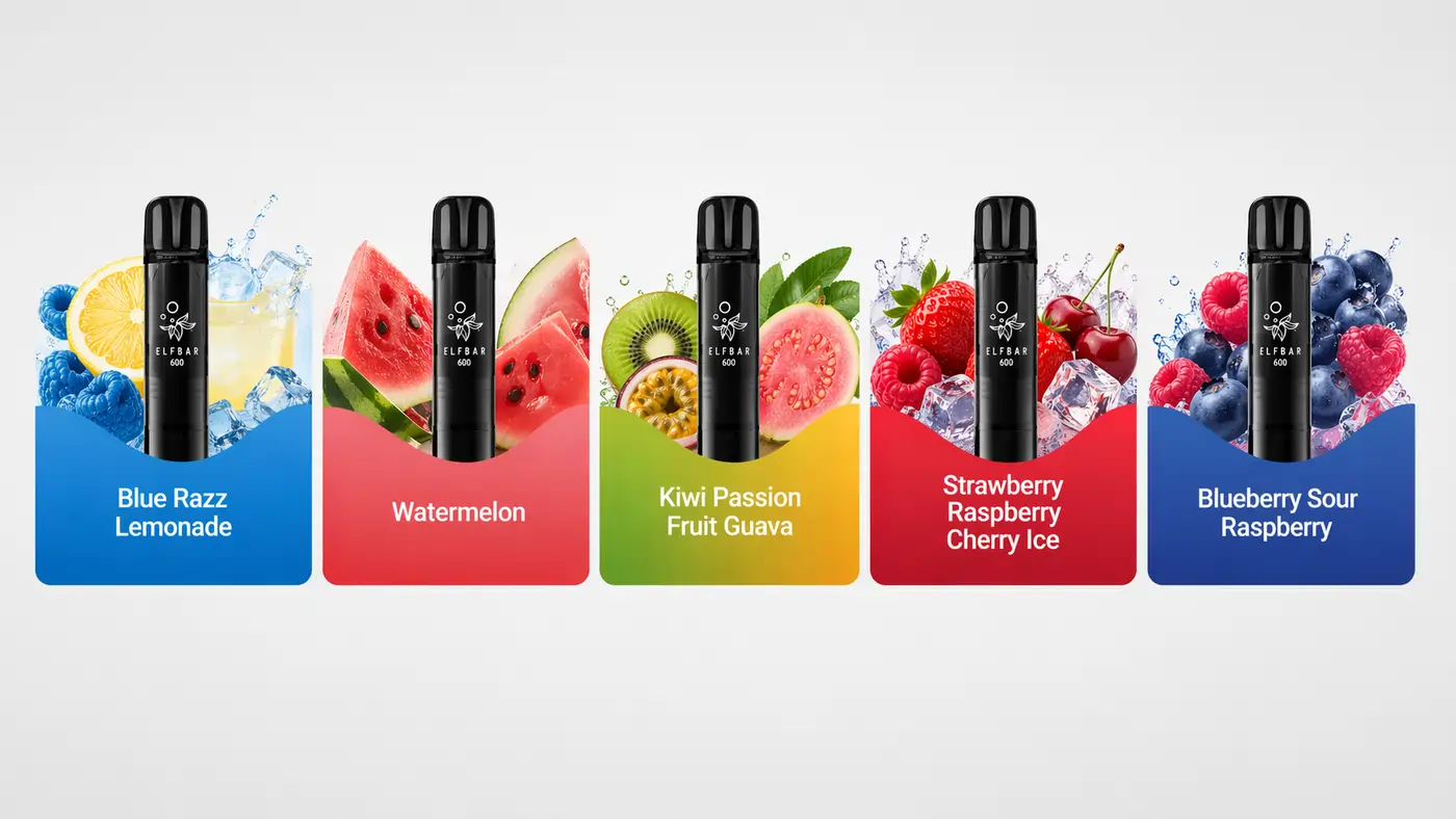 Five best-selling Elf Bar 600 flavour pods arranged on a clean background