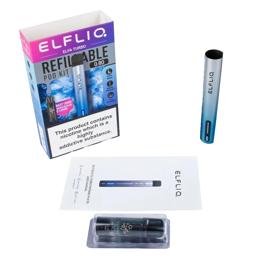 Contains 1 x Elfliq Elfa Turbo Device 1 x ELFA Turbo Refillable Pod (0.8 Ohm) 1 x User Manual
