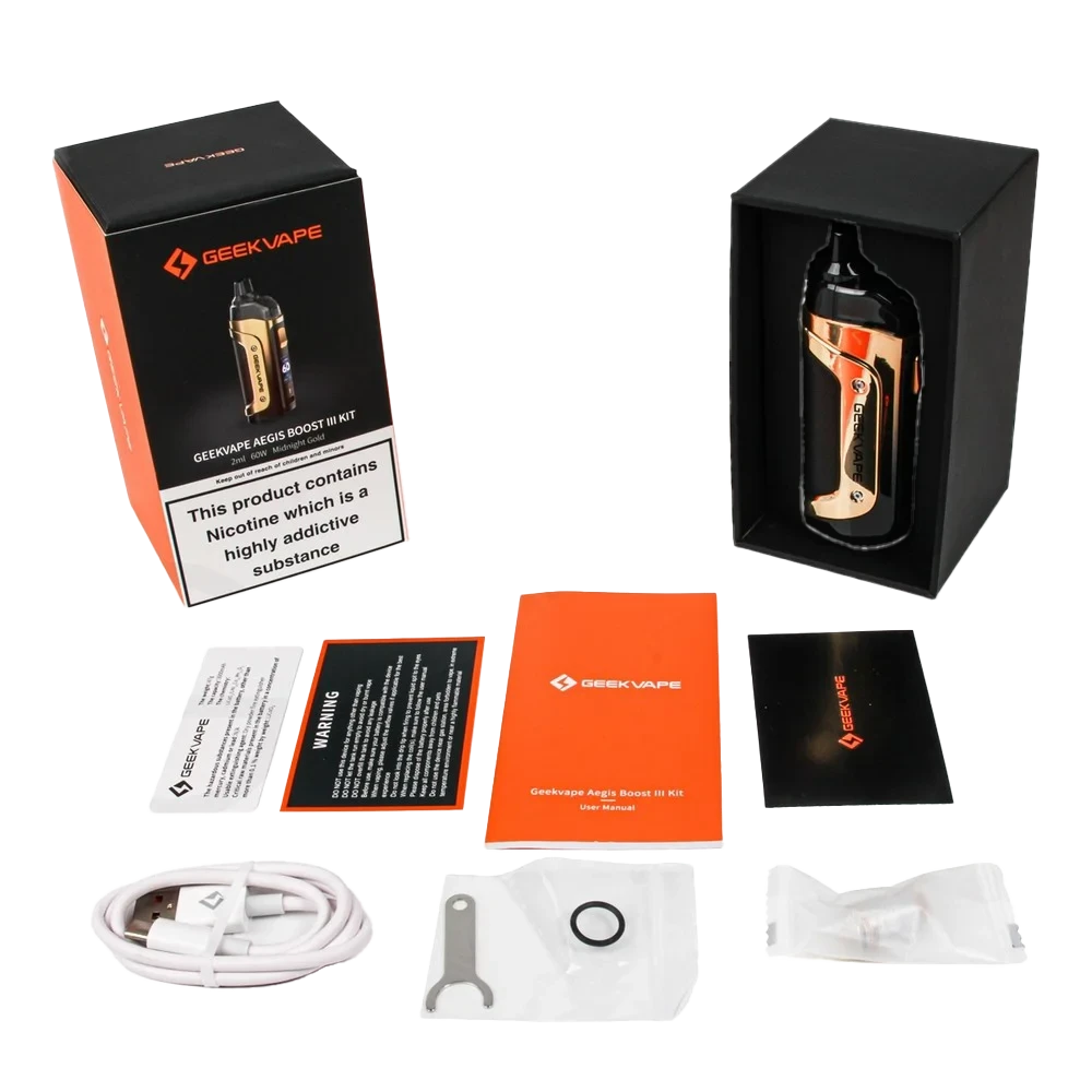 Contains 1 x Geekvape Aegis Boost 3 Device 1 x 0.6ohm B Series Coil 1 x USB-C Charging Cable 1 x User Manual 1 x Warning Card 1 x Coil Spanner 1 x Spare O-ring Set