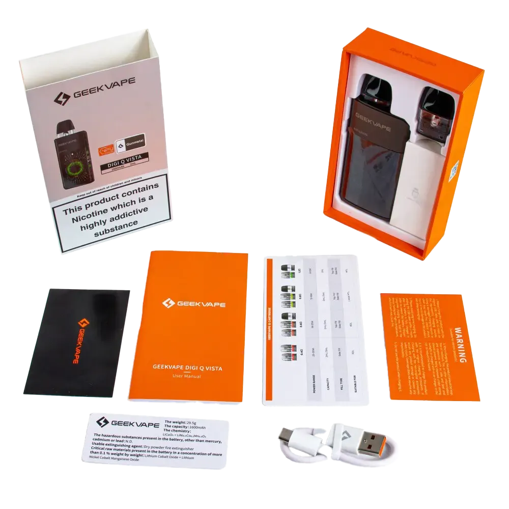 Geekvape Digi Q Vista Vape Kit - What's in the Box: Device, Q Pod 0.8ohm Mesh Coil, USB Type-C Cable, User Manual, Pod Compatibility Guide, Cleaning Cloth, Warning Card