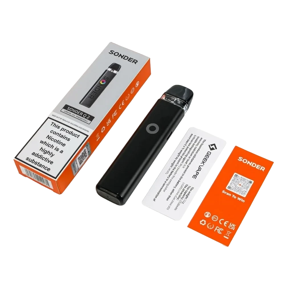 Contains 1 x Geekvape Sonder Q2 Device 1 x 0.8ohm Q Pod 1 x User Manual 1 x Scan Card