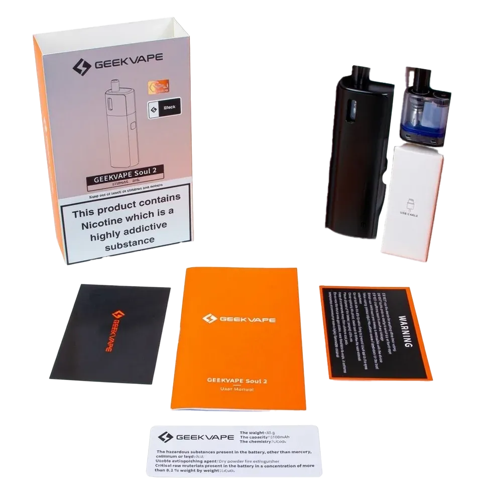 Geekvape Soul 2 Vape Kit - What's in the Box: Device, Soul 2 Pod 0.6ohm (pre-installed), Soul 2 Pod 1.0ohm, USB Type-C Cable, User Manual, Cleaning Cloth, Warning Card