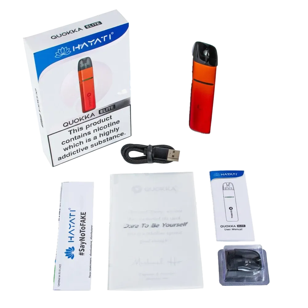 Hayati Quokka Elite Vape Kit - What's in the Box: Hayati Quokka Elite Device, 0.6Ω Mesh Pod, 0.8Ω Mesh Pod, USB-C Cable, User Manual