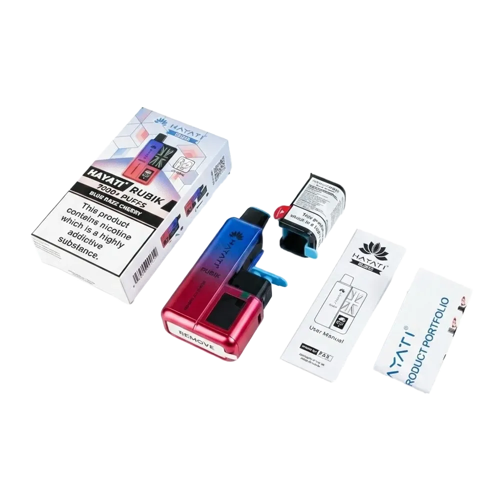 Hayati Rubik 7000 Puff Vape Kit - What's in the Box: Hayati Rubik Device, Prefilled Pod (2ml), 10ml Refill Container, User Manual, Product Portfolio