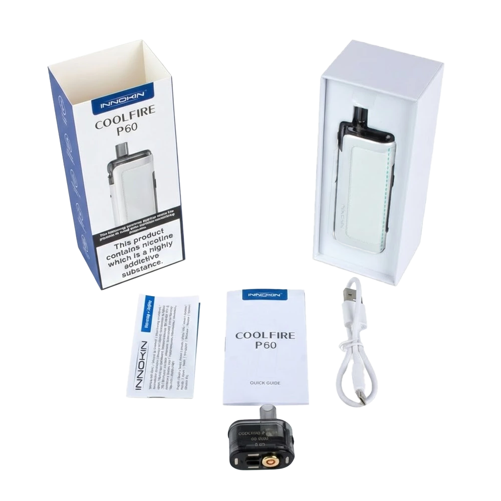 Contains 1 x Innokin Coolfire P60 Device 1 x 0.4ohm Coolfire P60 Replacement Pod 1 x 0.8ohm Coolfire P60 Replacement Pod 1 x USB-C Cable 1 x User Manual