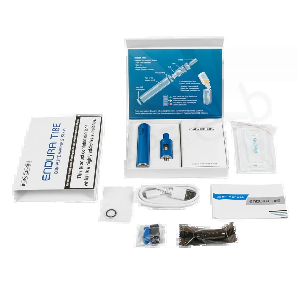 Contains 1 x Innokin Endura T18E Battery 1 x Prism T18E Tank 1 x Spare Coil 1 x Micro-USB Charging Cable 1 x User Manual 1 x Spare O-Ring