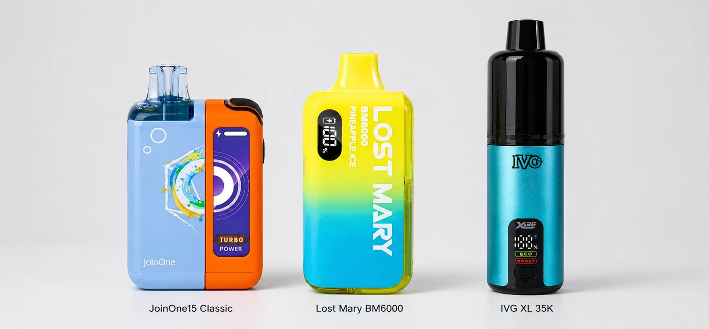 Side-by-side comparison of Elf Bar JoinOne15 Classic, Lost Mary BM6000 and IVG XL 35K vape kits