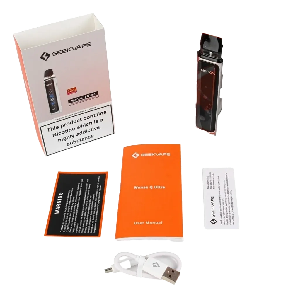 Contains 1 x Geekvape Wenax Q Ultra Device 1 x Q Series 0.6 Ohm MTL Pod 1 x Q Series 0.8 Ohm RDTL Pod 1 x USB-C Charging Cable 1 x User Manual 1 x Warning Leaflet 1 x Authentication Card