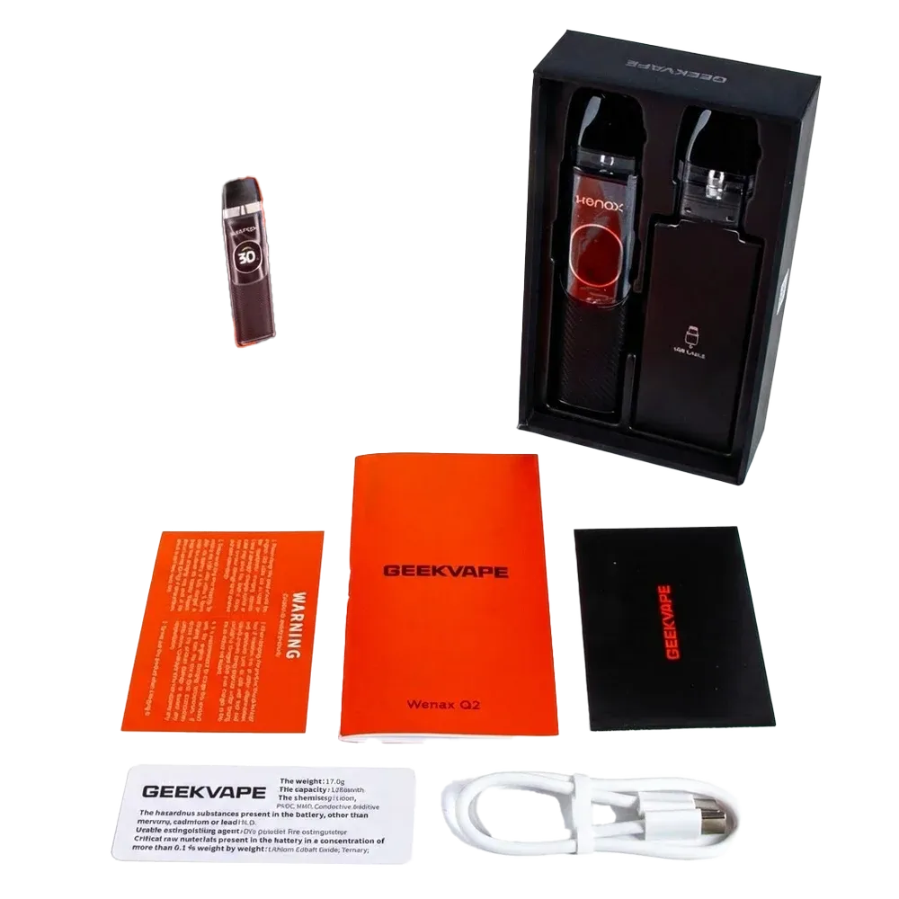 Geekvape Wenax Q2 Vape Kit - What's in the Box: Device, 2x Q Pods (0.8ohm and 0.6ohm mesh coils), USB Type-C Cable, User Manual, Safety Card