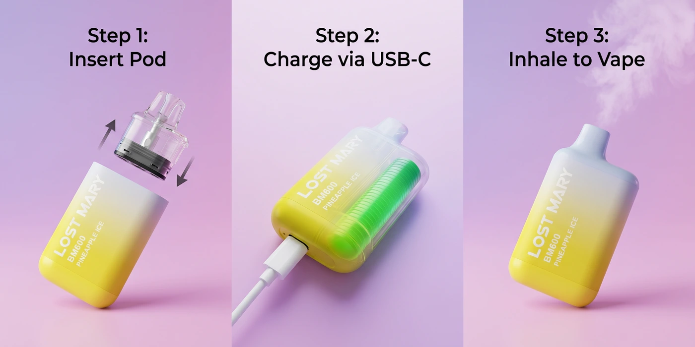 Step-by-step pod insertion and charging illustration