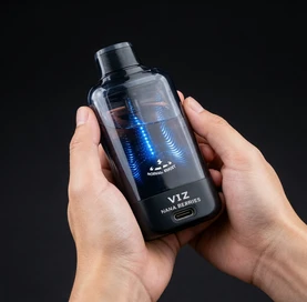 Hands holding Lost Mary VIZ 55K with visible liquid window and USB-C charging port